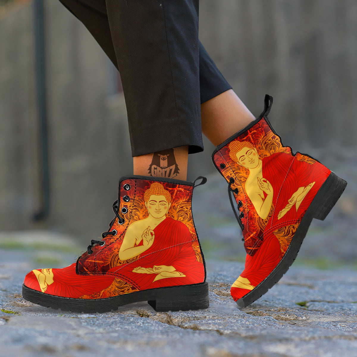 Buddha Statue Vintage Print Leather Boots-grizzshop