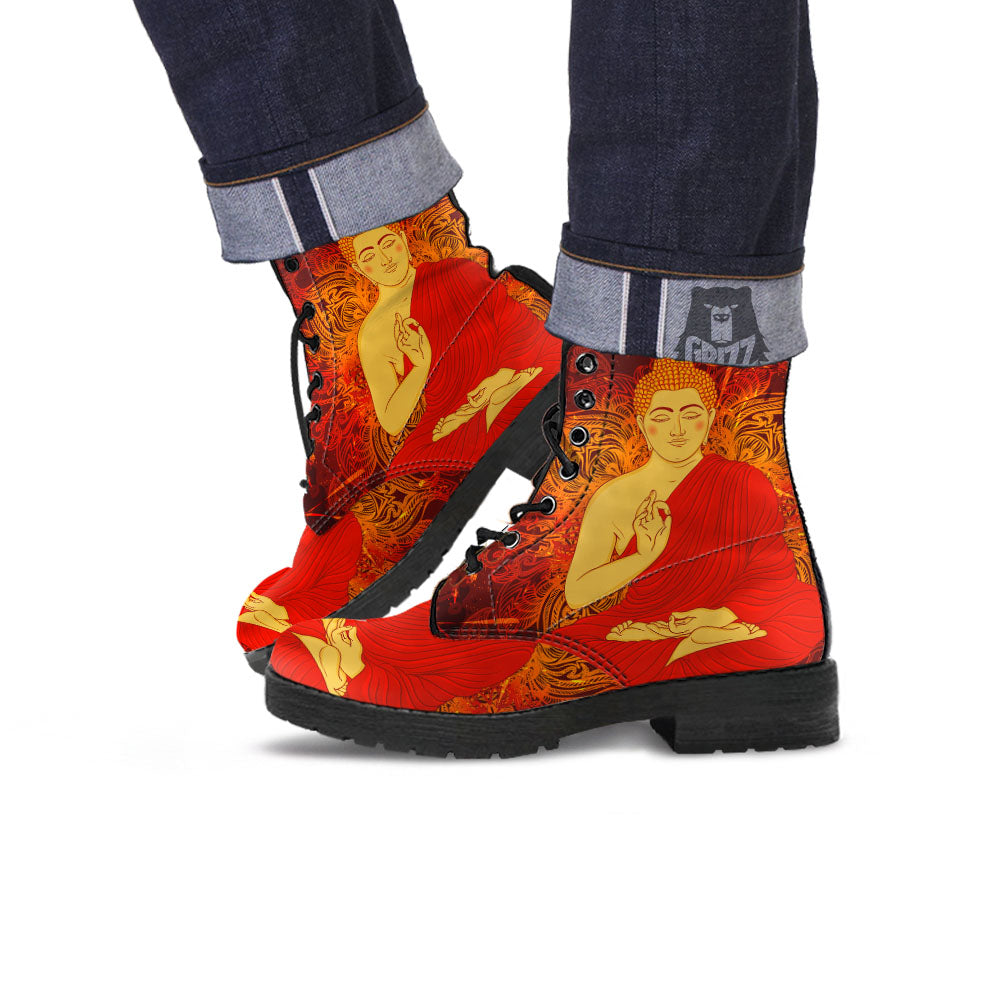 Buddha Statue Vintage Print Leather Boots-grizzshop