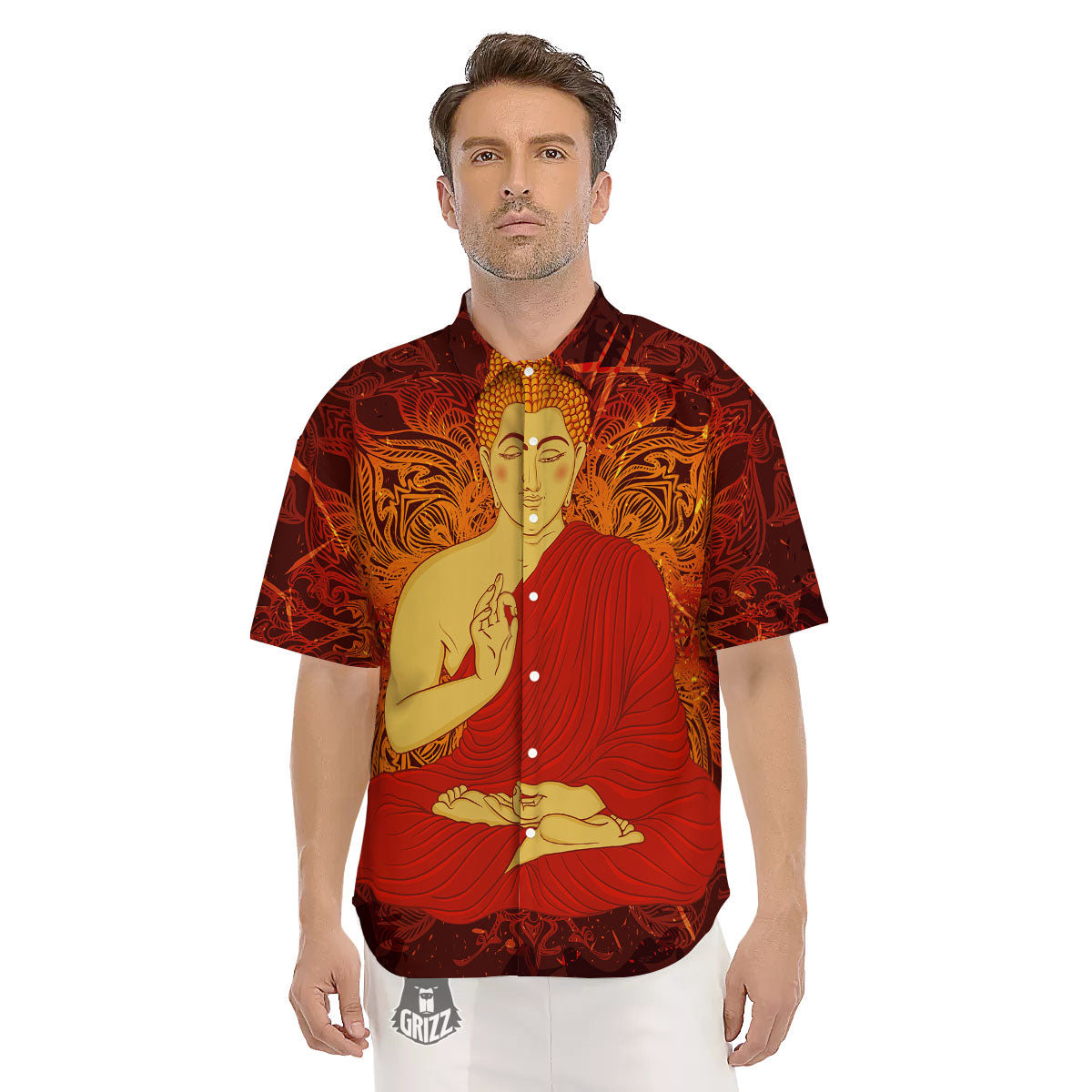 Buddha Statue Vintage Print Men's Short Sleeve Shirts-grizzshop