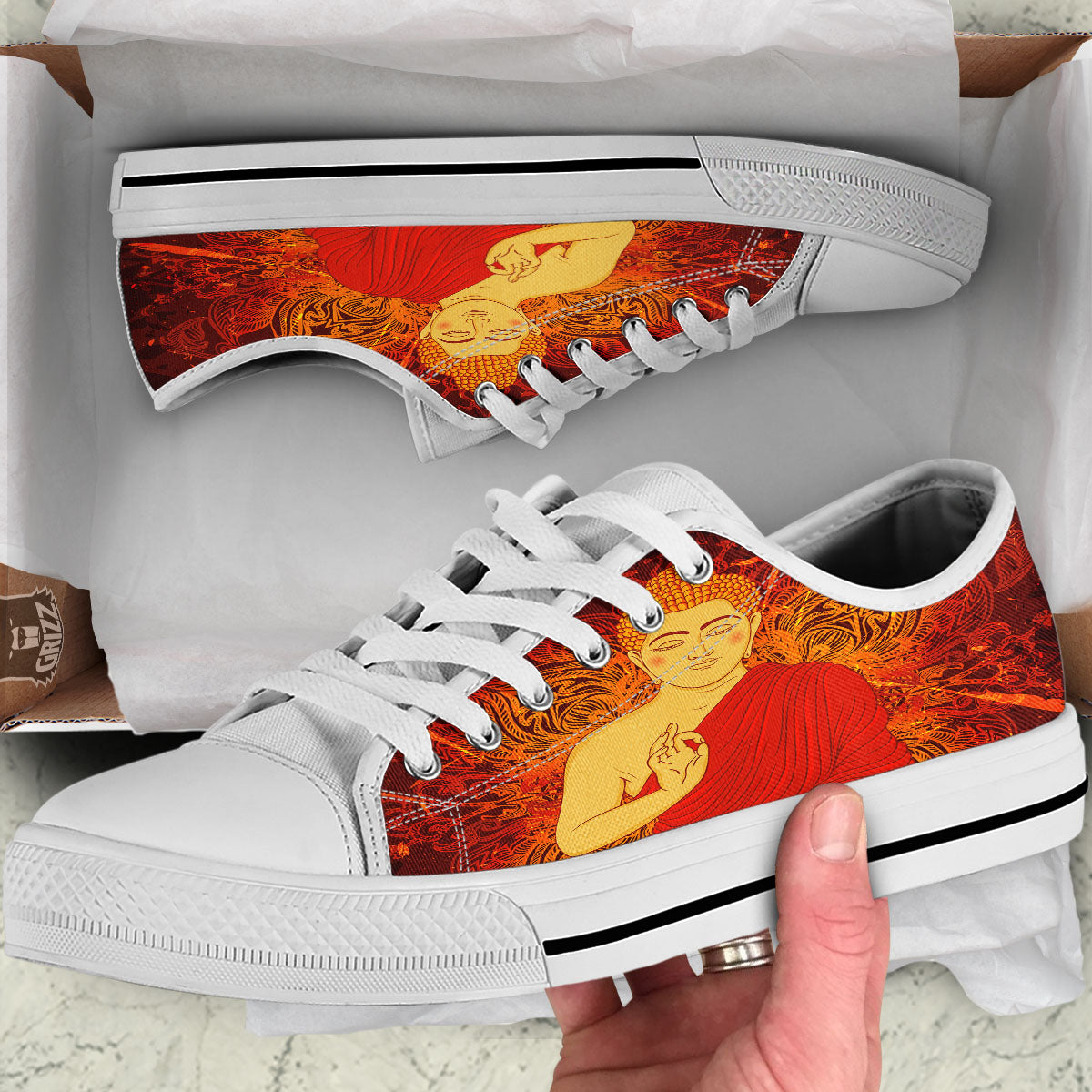 Buddha Statue Vintage Print White Low Top Shoes-grizzshop