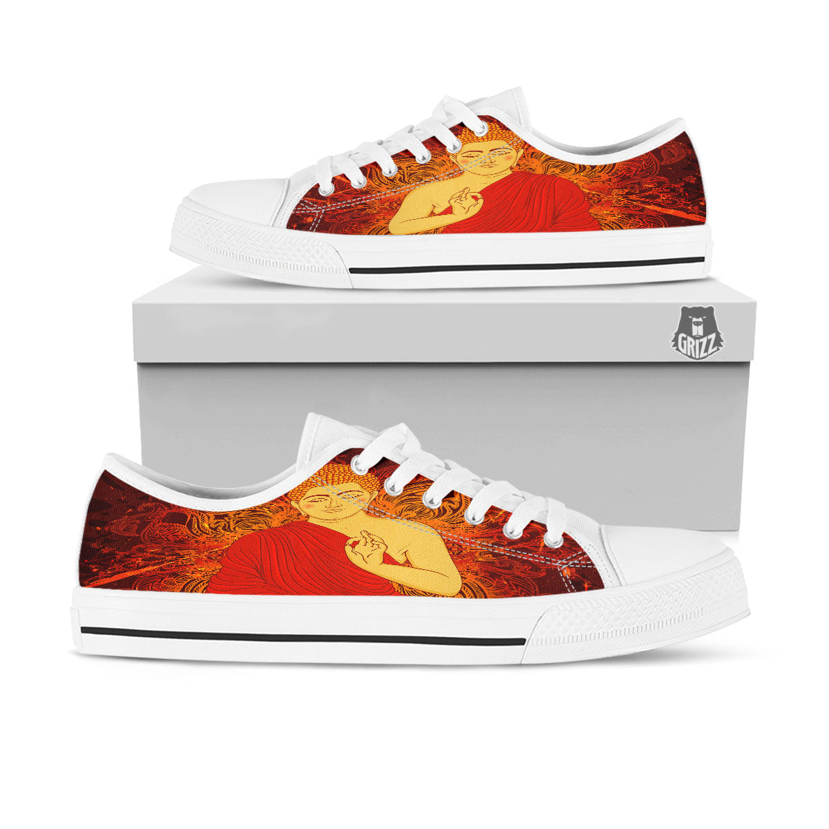Buddha Statue Vintage Print White Low Top Shoes-grizzshop