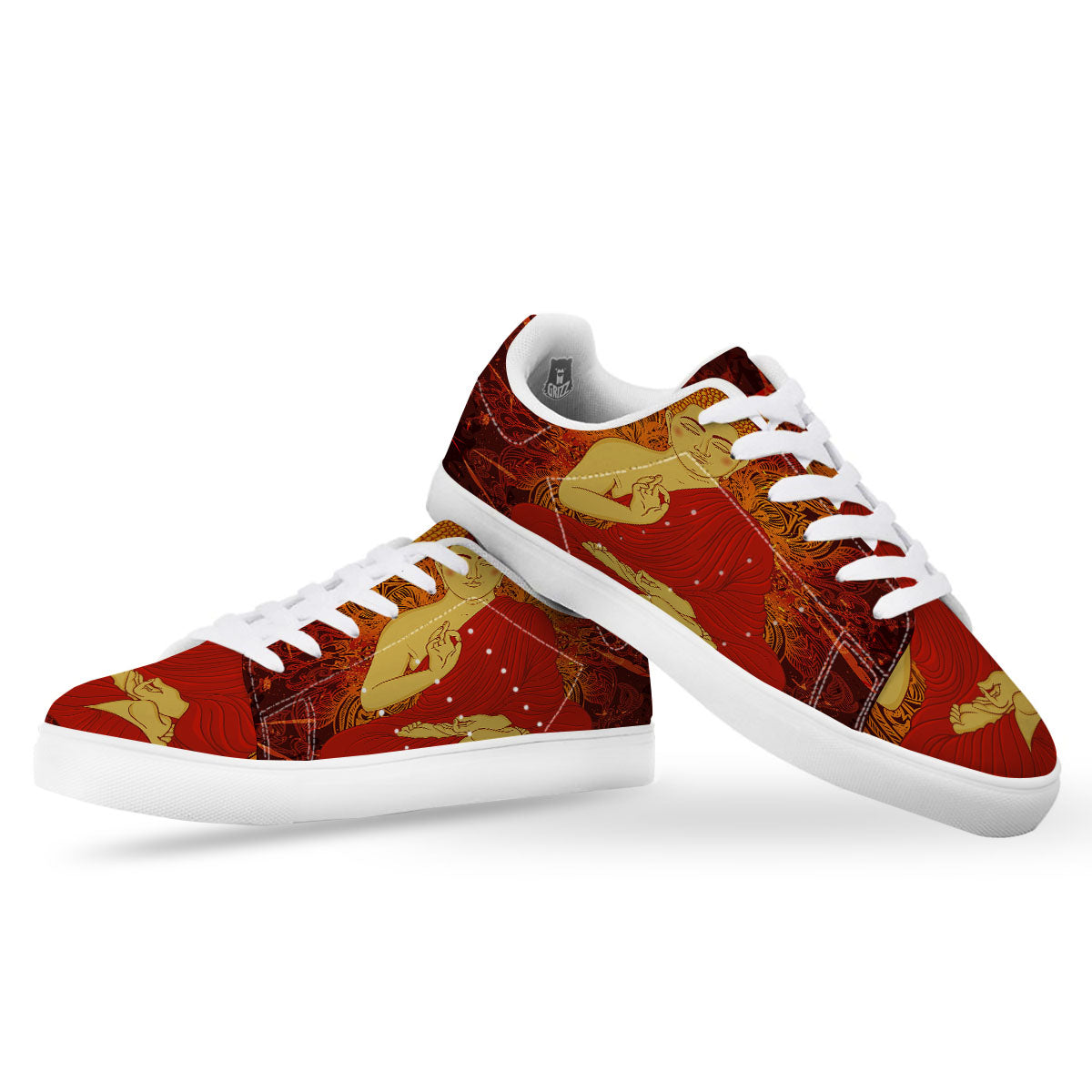 Buddha Statue Vintage Print White Low Top Sneakers-grizzshop