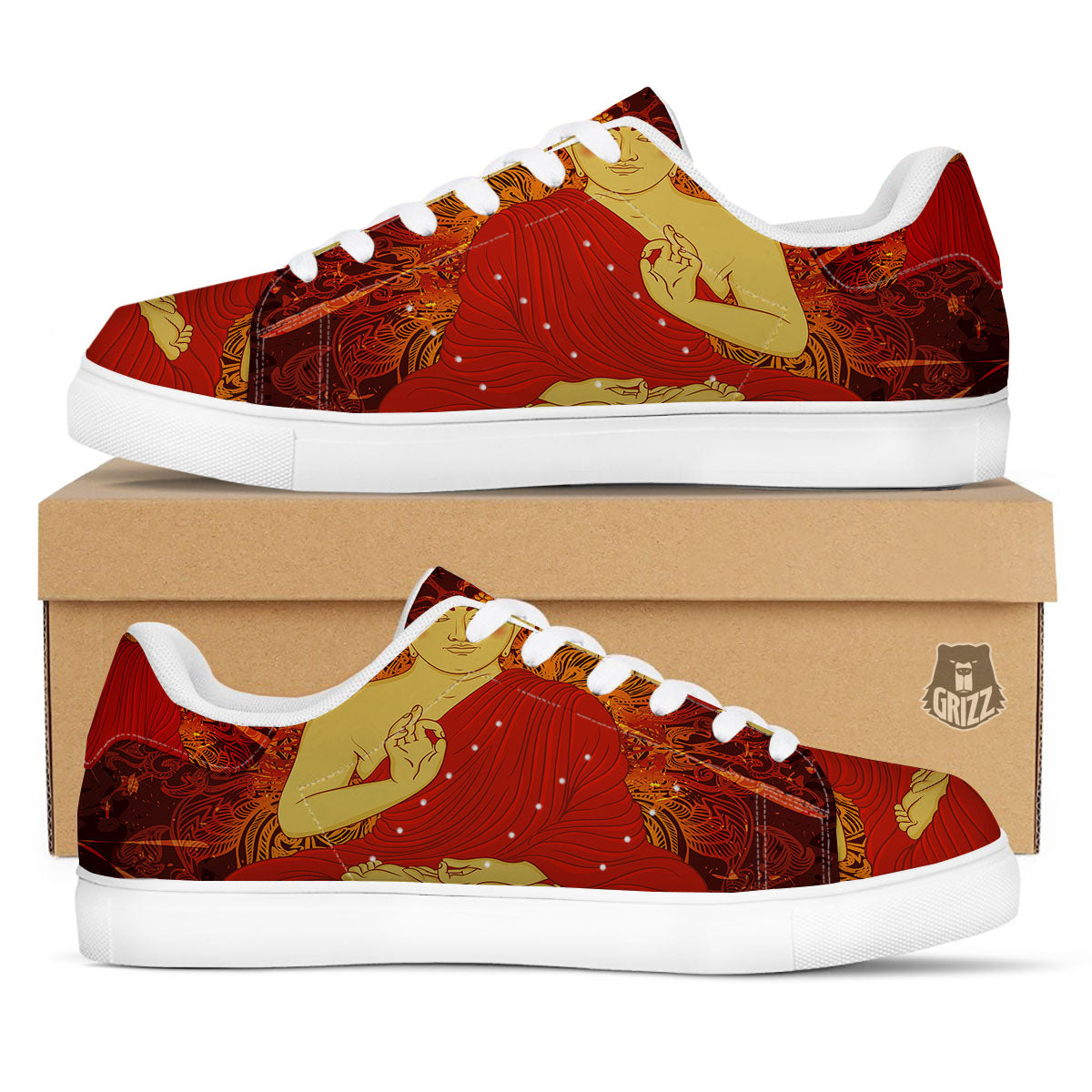 Buddha Statue Vintage Print White Low Top Sneakers-grizzshop