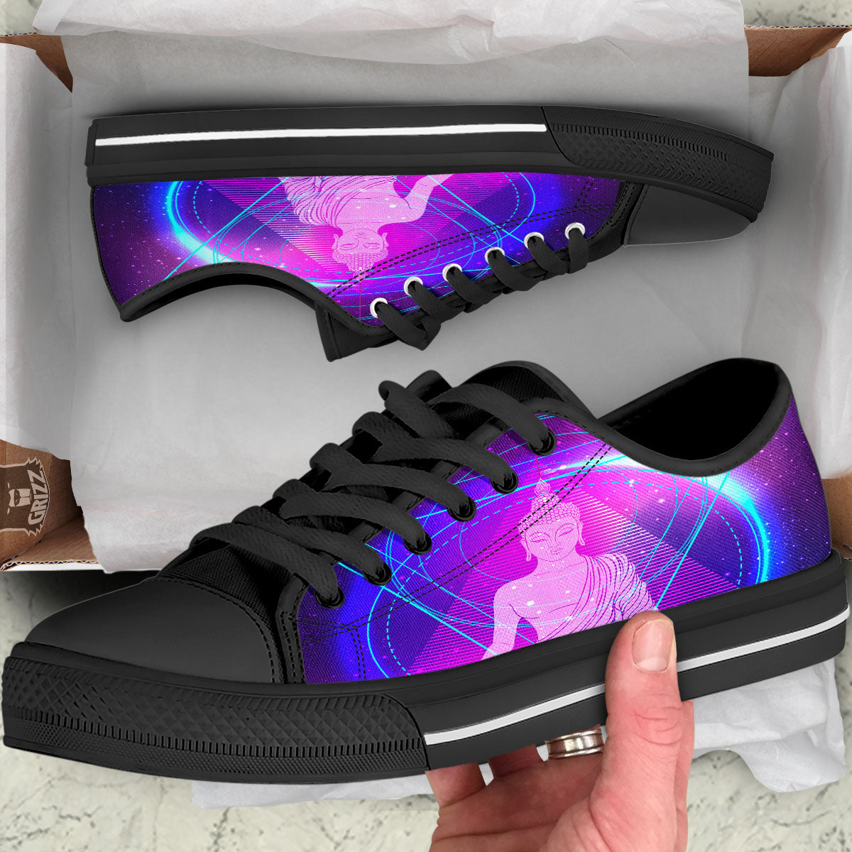 Buddha Teal And Purple Print Black Low Top Shoes-grizzshop