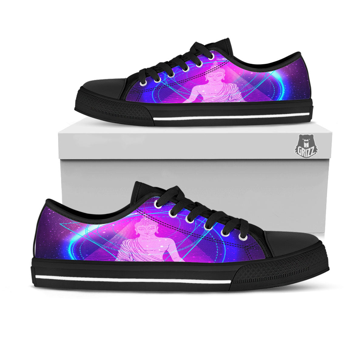 Buddha Teal And Purple Print Black Low Top Shoes-grizzshop