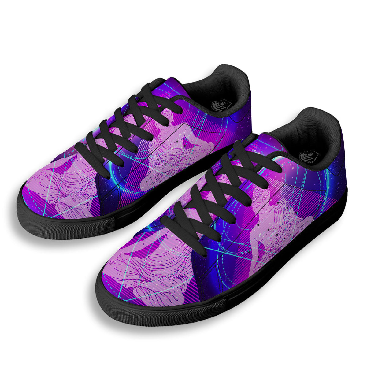 Buddha Teal And Purple Print Black Low Top Sneakers-grizzshop