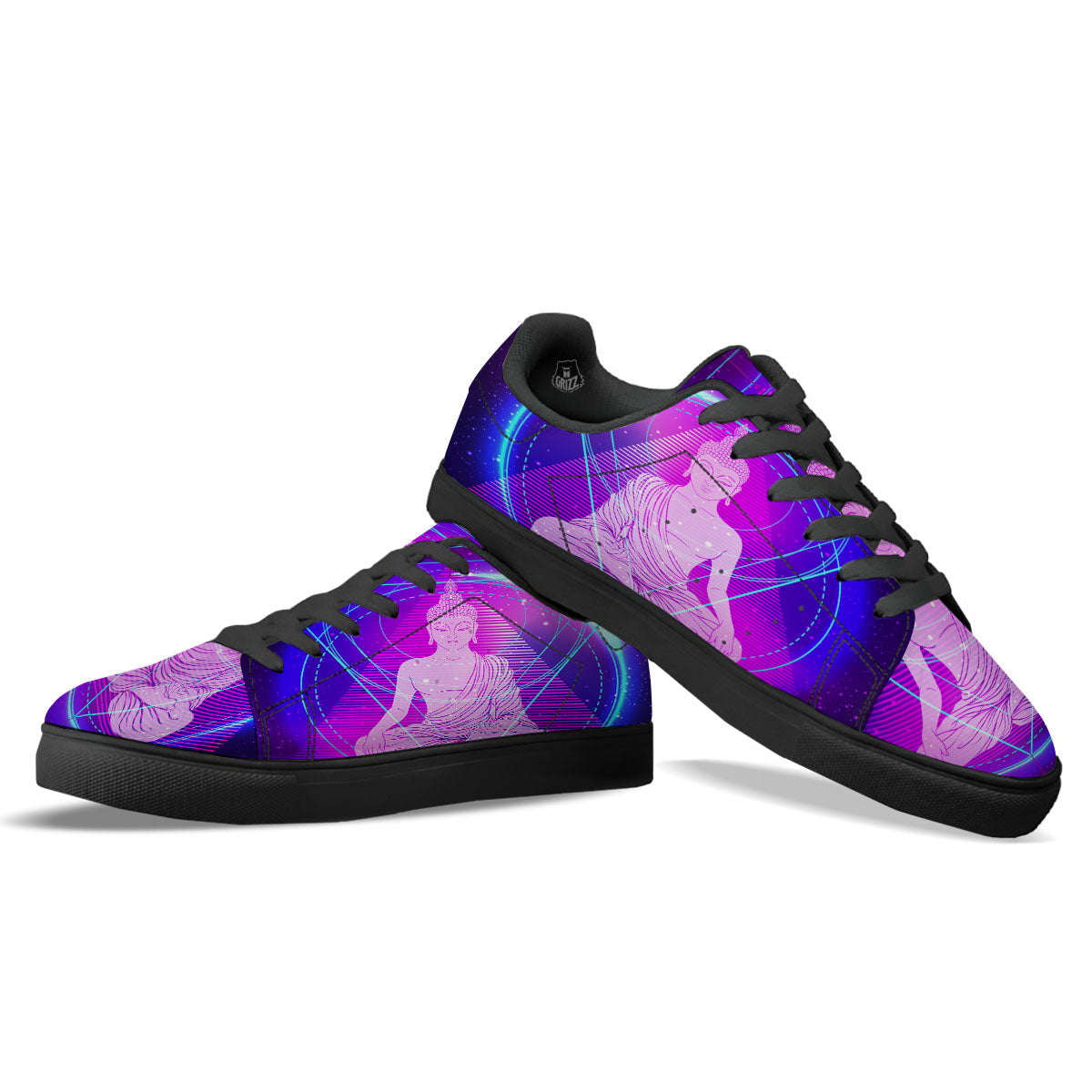 Buddha Teal And Purple Print Black Low Top Sneakers-grizzshop