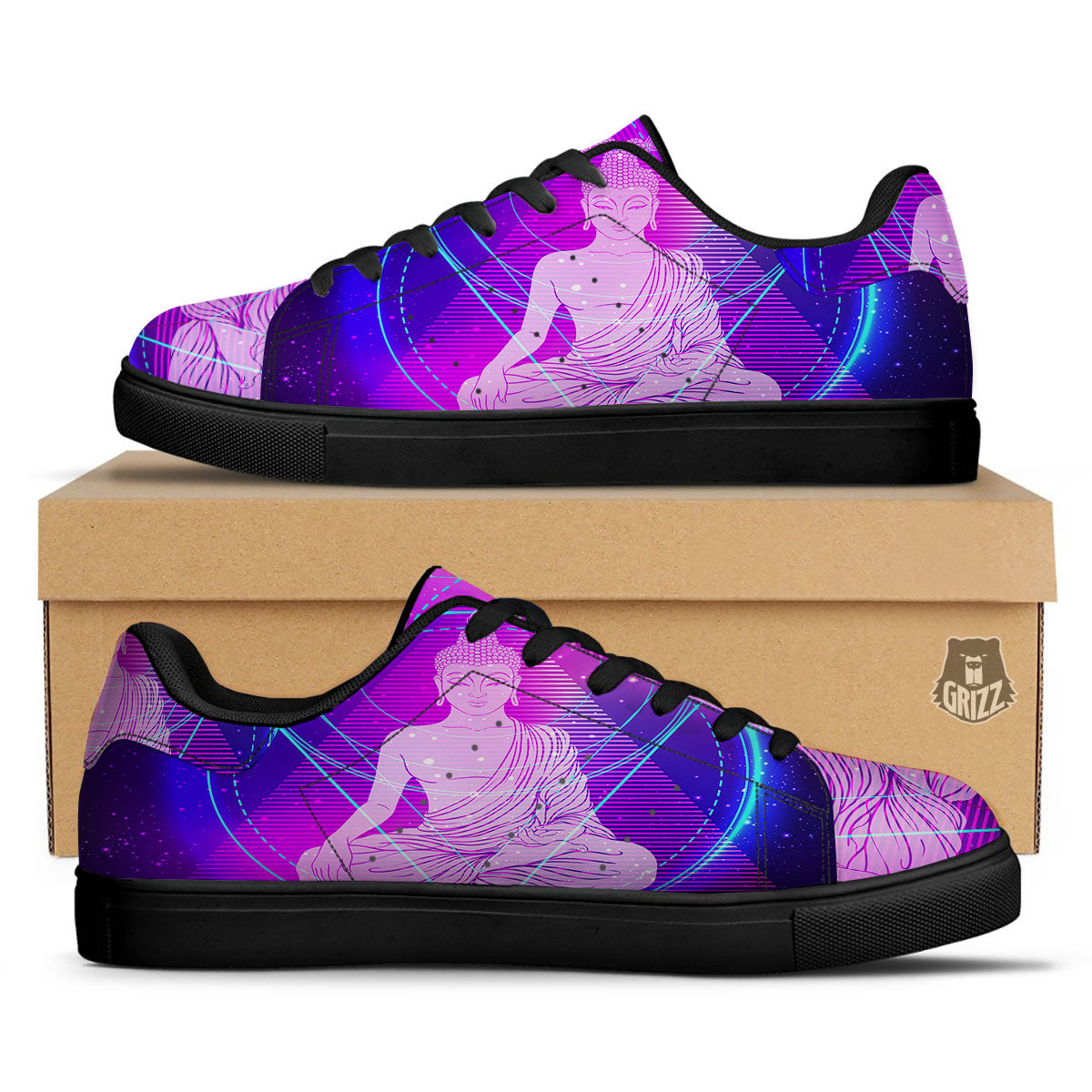 Buddha Teal And Purple Print Black Low Top Sneakers-grizzshop
