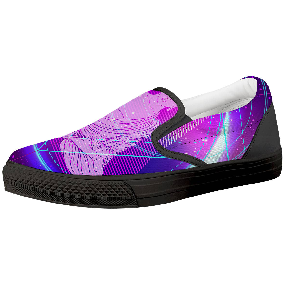 Buddha Teal And Purple Print Black Slip On Shoes-grizzshop