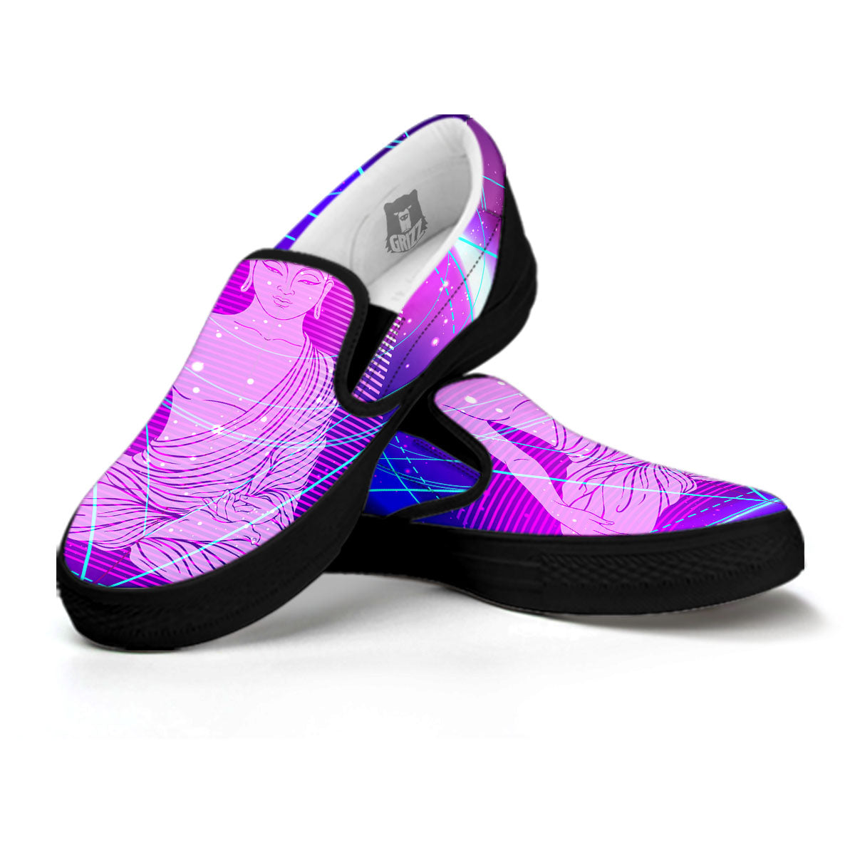 Buddha Teal And Purple Print Black Slip On Shoes-grizzshop