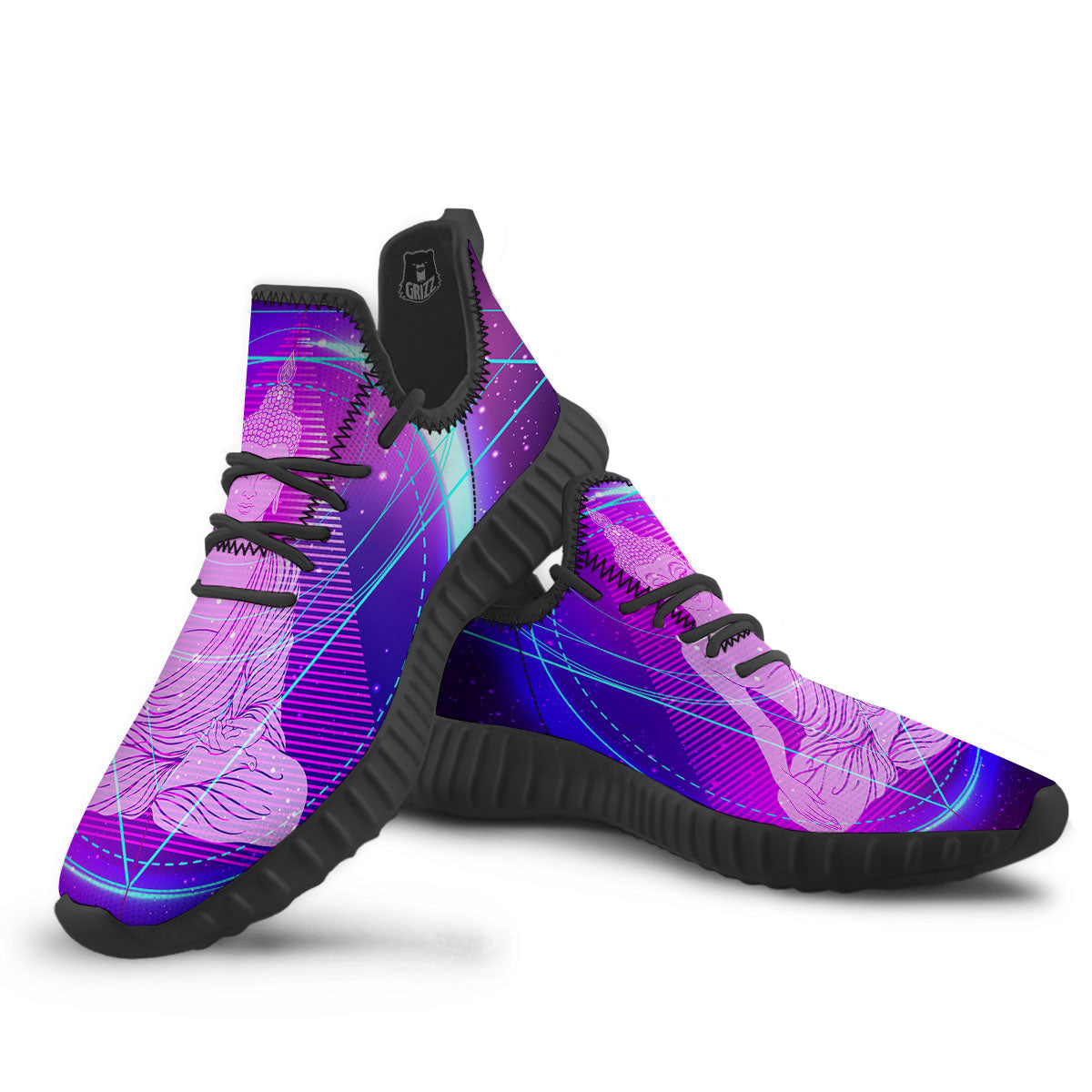 Buddha Teal And Purple Print Black Walking Shoes-grizzshop