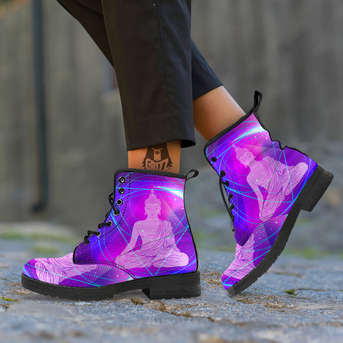 Buddha Teal And Purple Print Leather Boots-grizzshop
