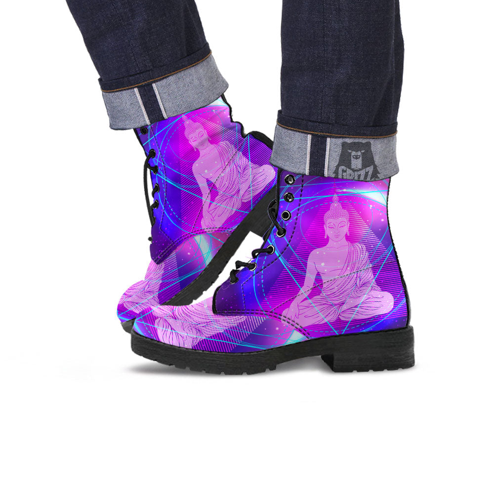 Buddha Teal And Purple Print Leather Boots-grizzshop