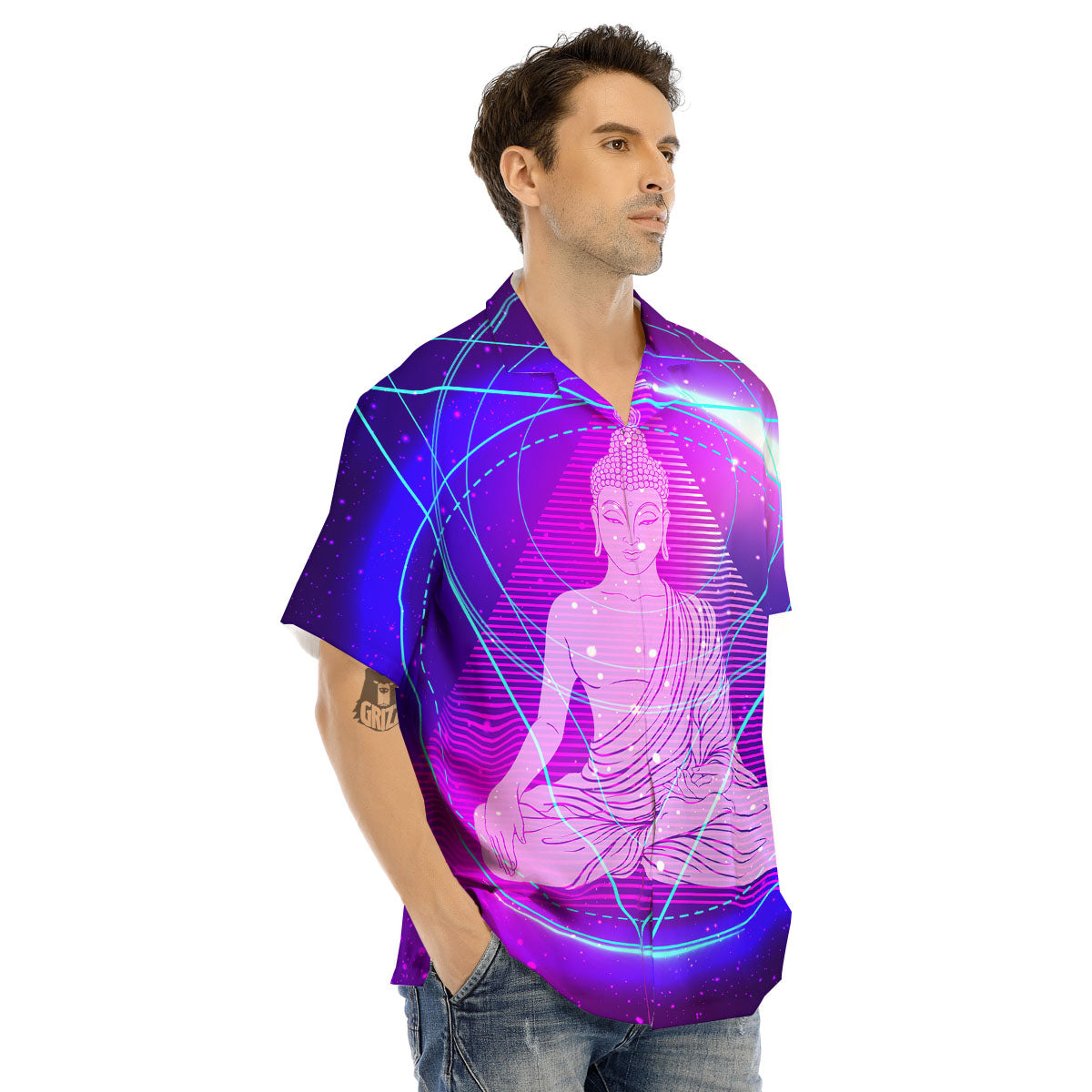 Buddha Teal And Purple Print Men's Hawaiian Shirt-grizzshop
