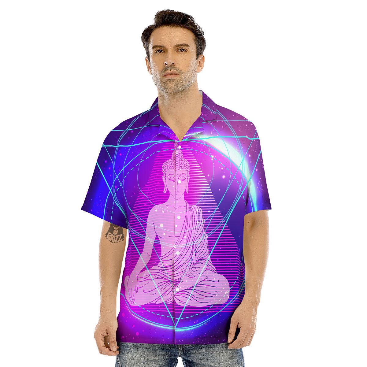 Buddha Teal And Purple Print Men's Hawaiian Shirt-grizzshop