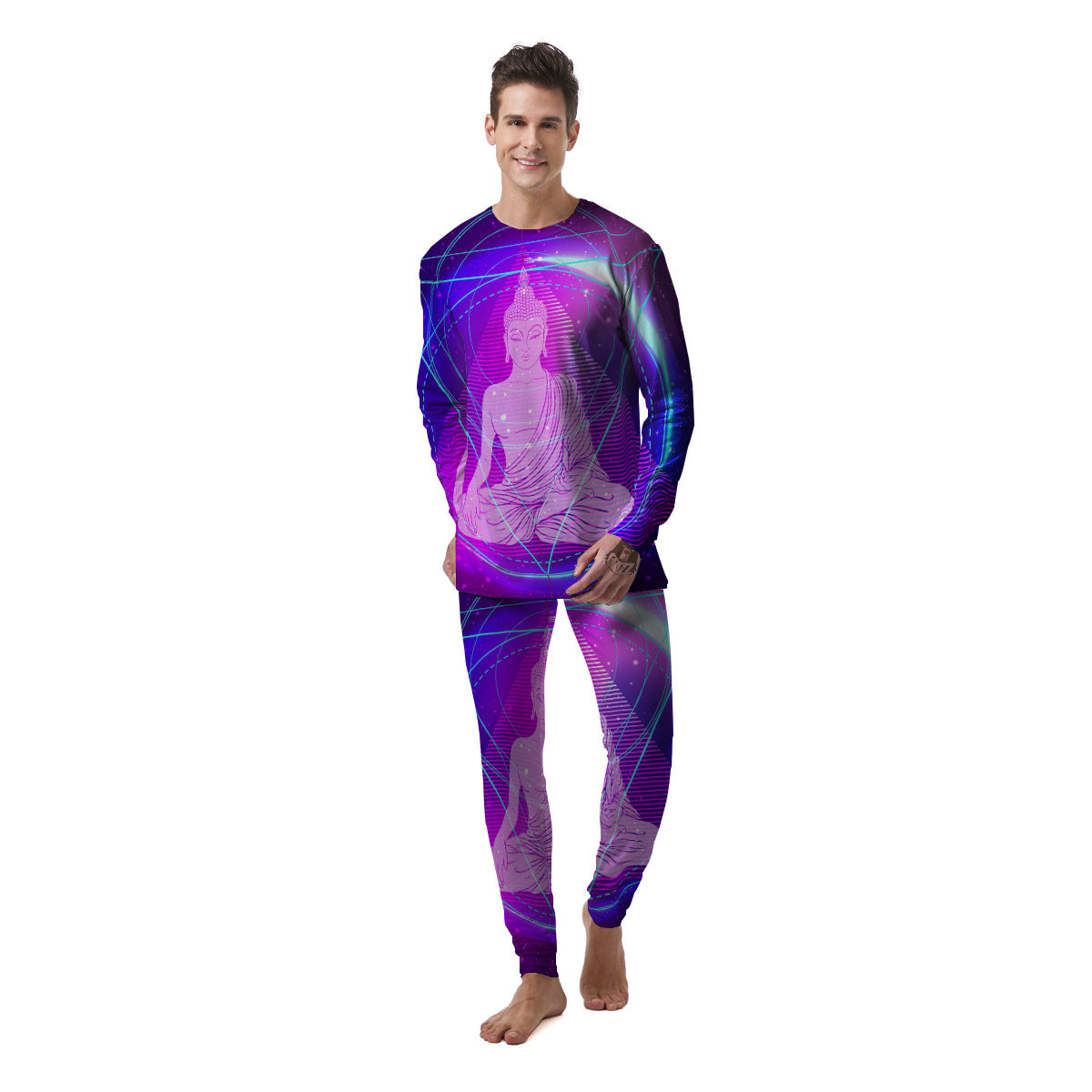 Buddha Teal And Purple Print Men's Pajamas-grizzshop