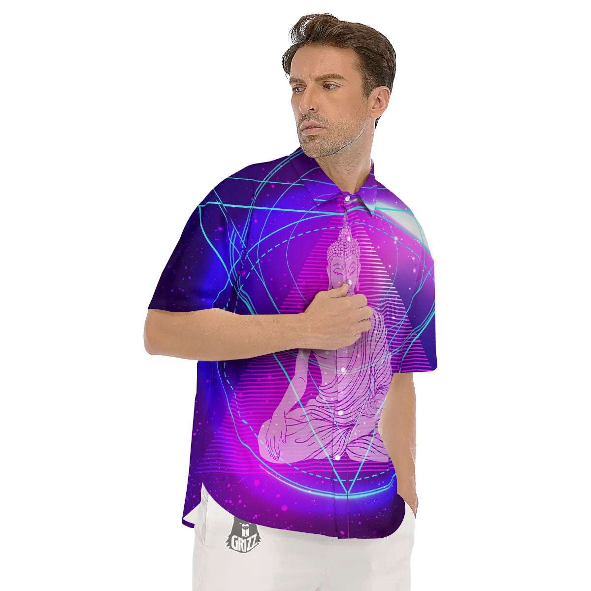 Buddha Teal And Purple Print Men's Short Sleeve Shirts-grizzshop