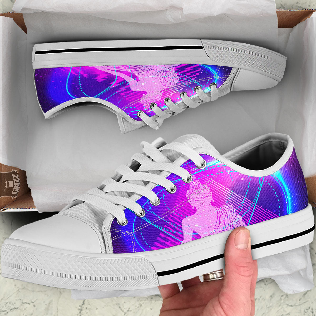 Buddha Teal And Purple Print White Low Top Shoes-grizzshop
