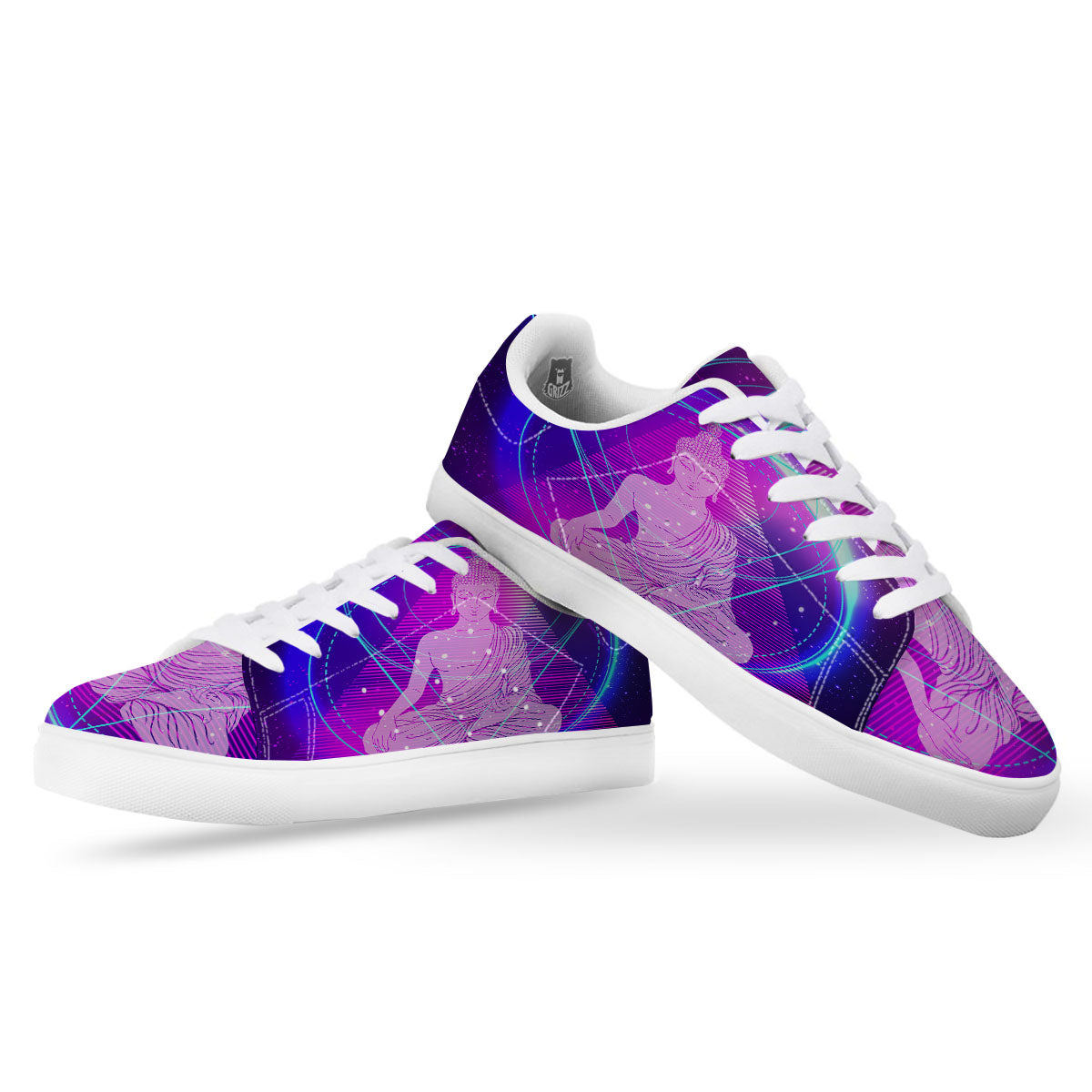 Buddha Teal And Purple Print White Low Top Sneakers-grizzshop