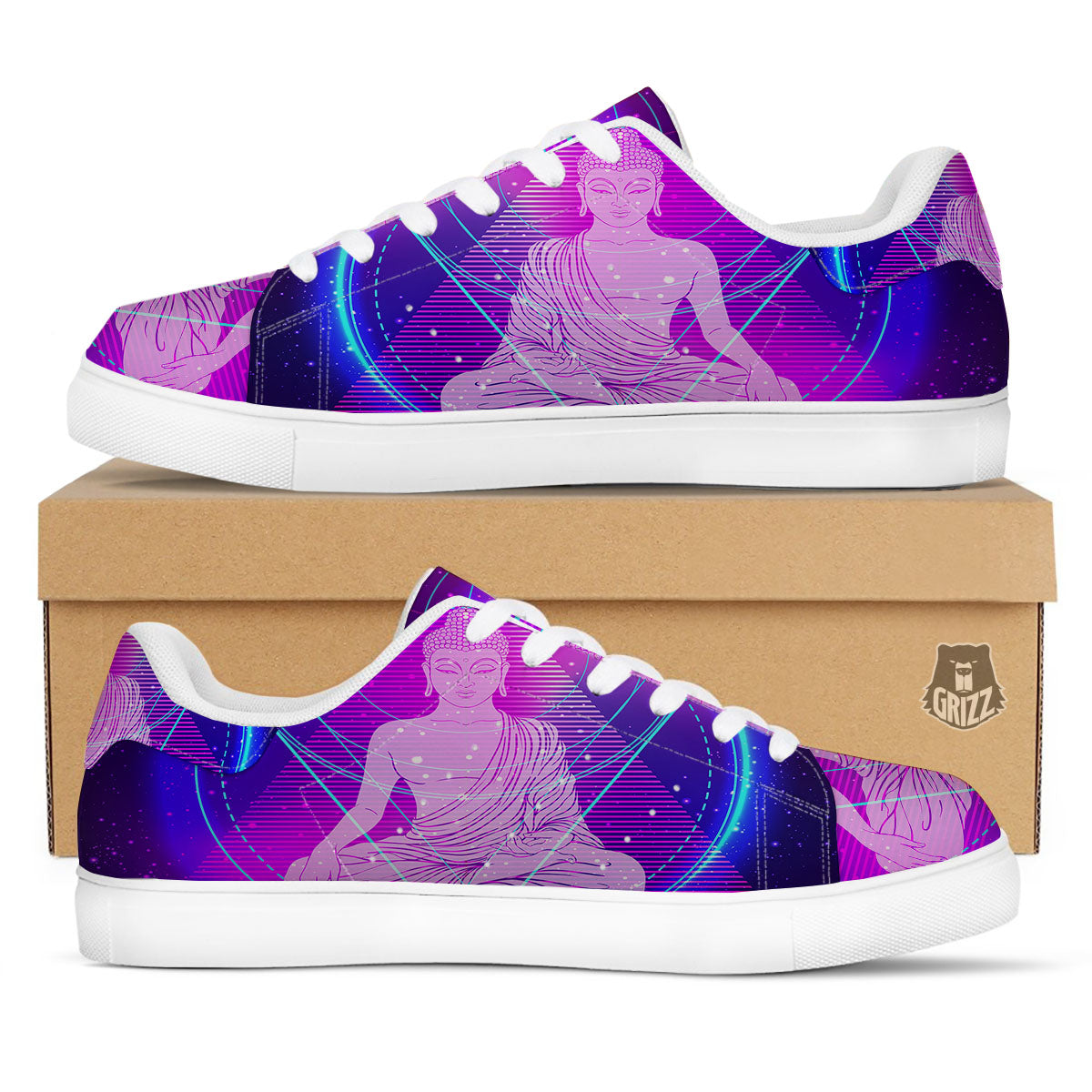 Buddha Teal And Purple Print White Low Top Sneakers-grizzshop