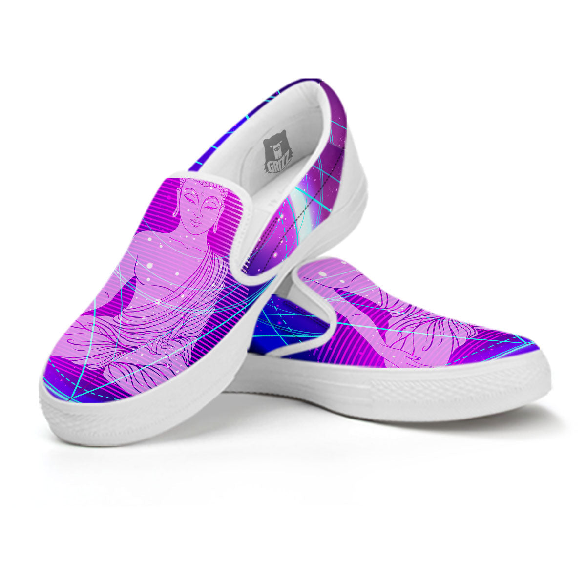 Buddha Teal And Purple Print White Slip On Shoes-grizzshop
