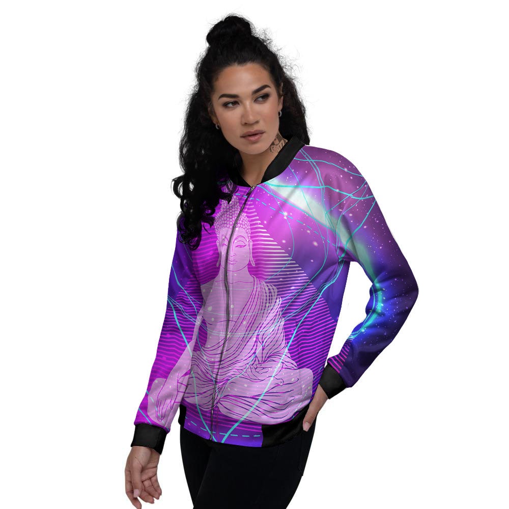 Buddha Teal And Purple Print Women's Bomber Jacket-grizzshop