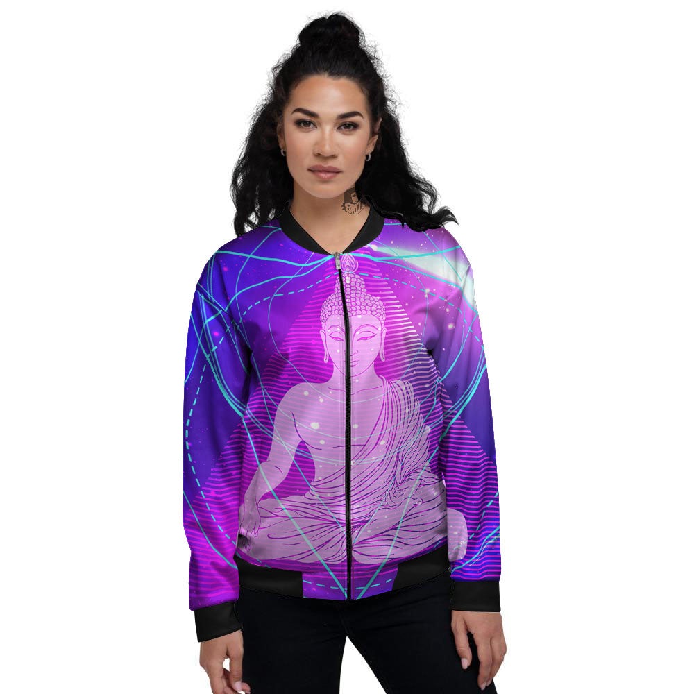 Buddha Teal And Purple Print Women's Bomber Jacket-grizzshop