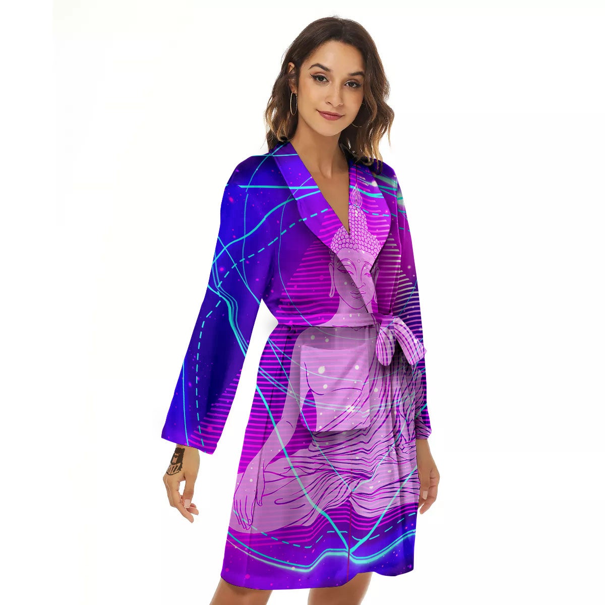 Buddha Teal And Purple Print Women's Robe-grizzshop