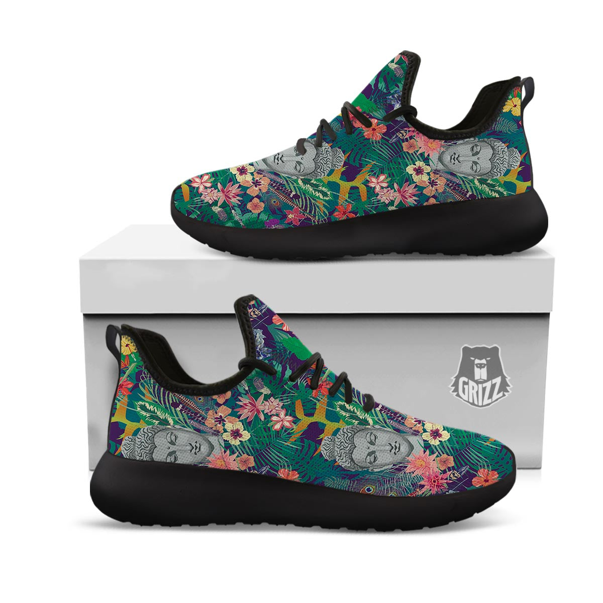 Buddha Tropical Print Pattern Black Athletic Shoes-grizzshop