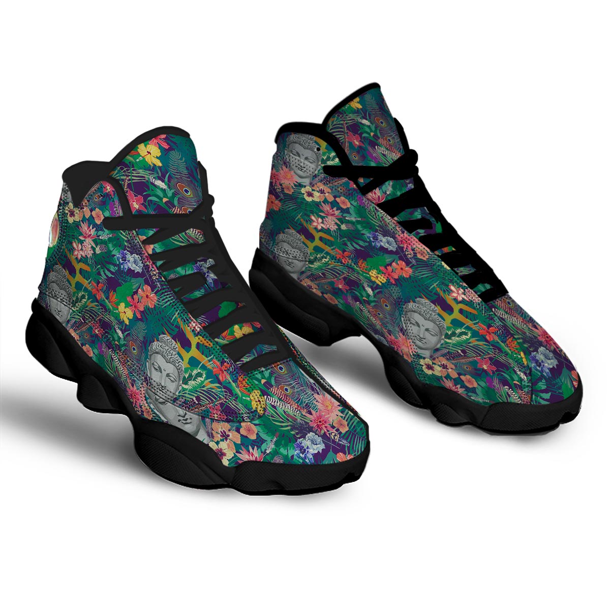Buddha Tropical Print Pattern Black Basketball Shoes-grizzshop