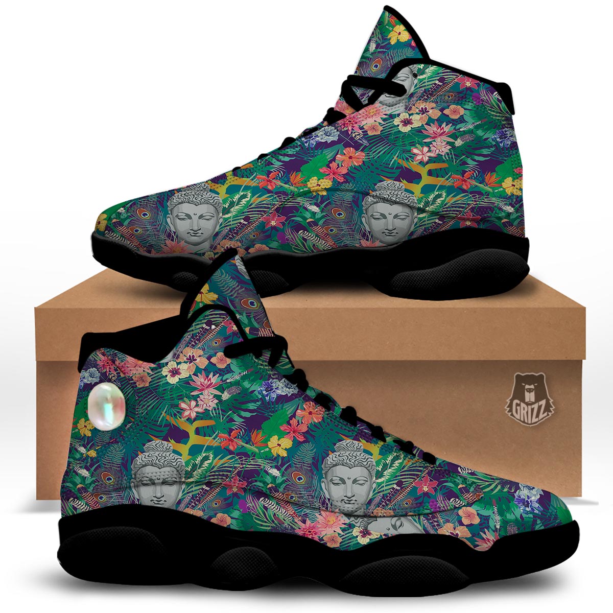 Buddha Tropical Print Pattern Black Basketball Shoes-grizzshop