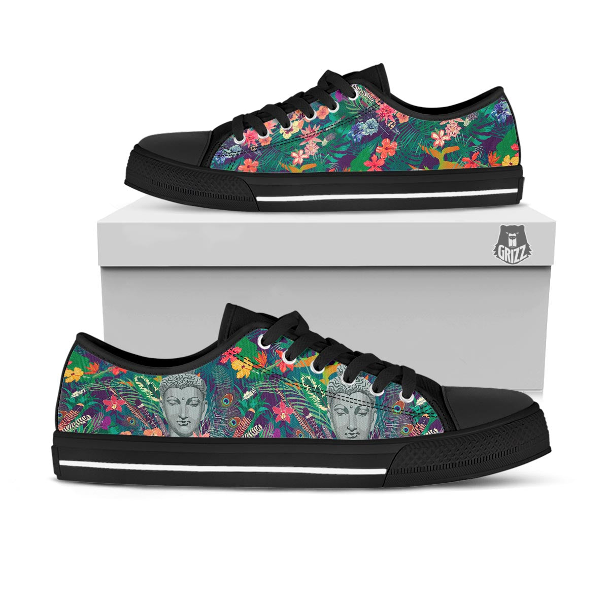 Buddha Tropical Print Pattern Black Low Top Shoes-grizzshop