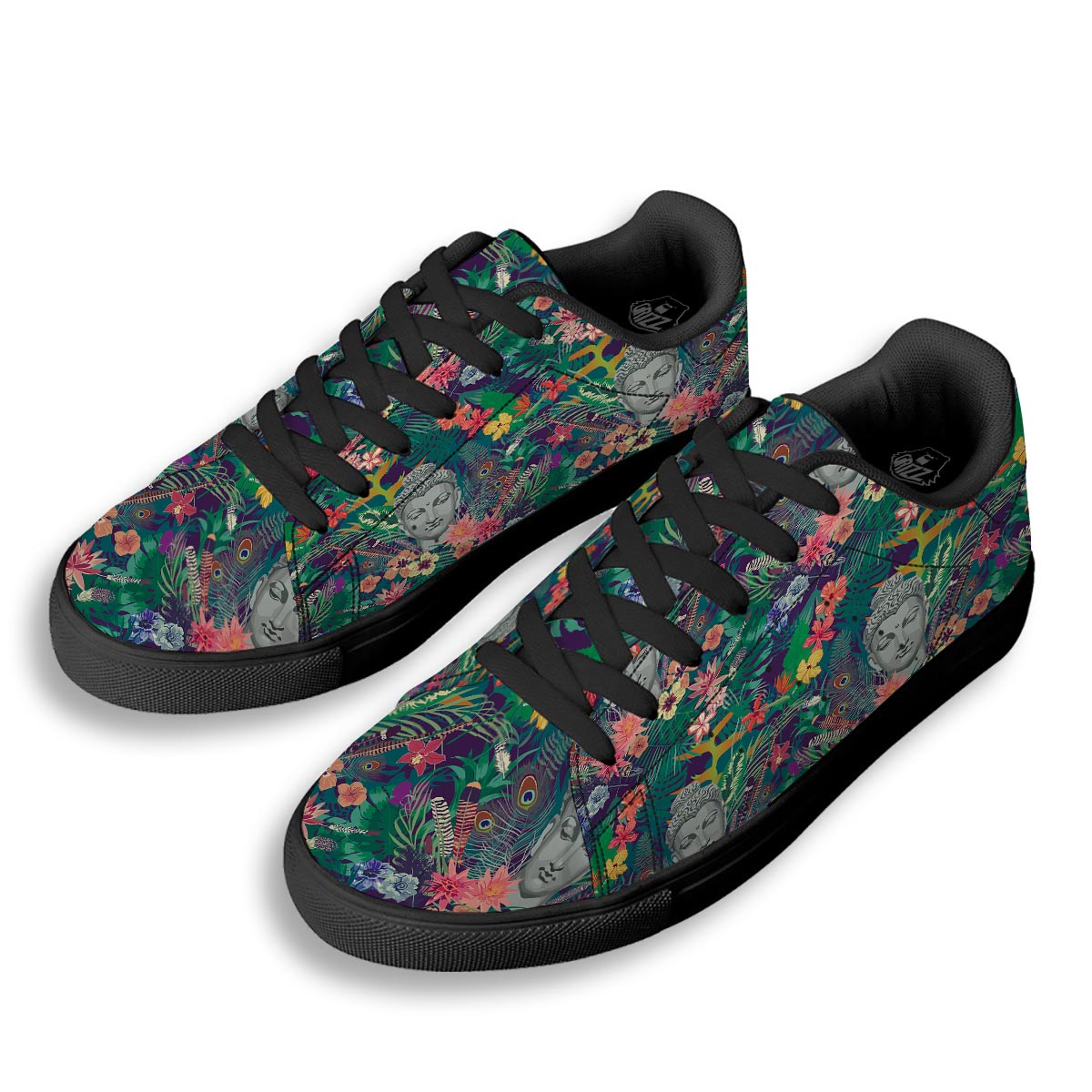 Buddha Tropical Print Pattern Black Low Top Sneakers-grizzshop