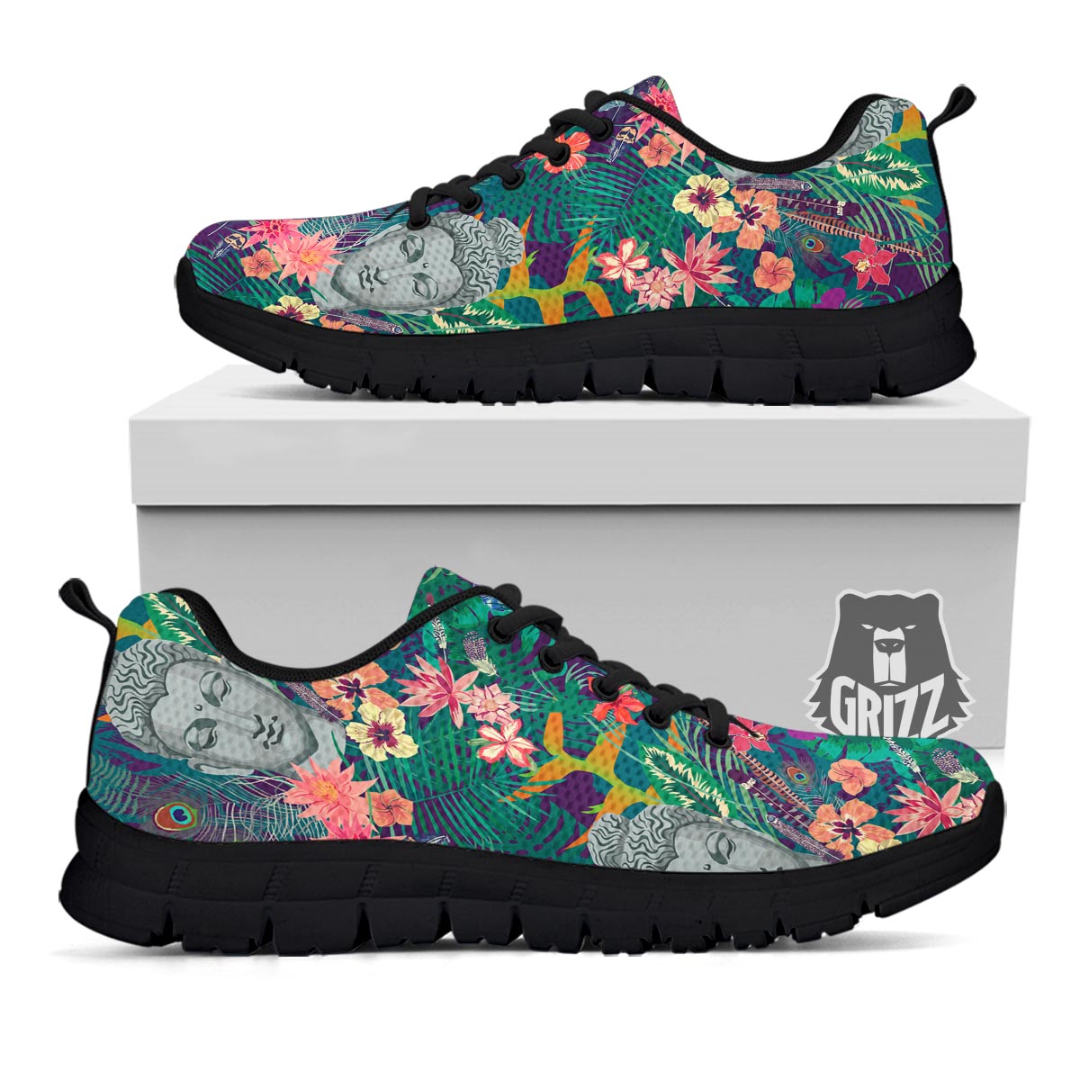 Buddha Tropical Print Pattern Black Sneaker-grizzshop