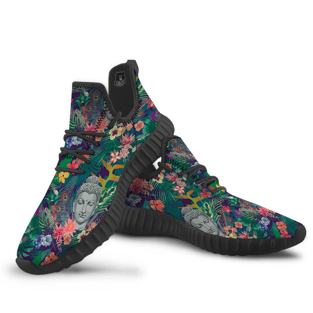 Buddha Tropical Print Pattern Black Walking Shoes-grizzshop