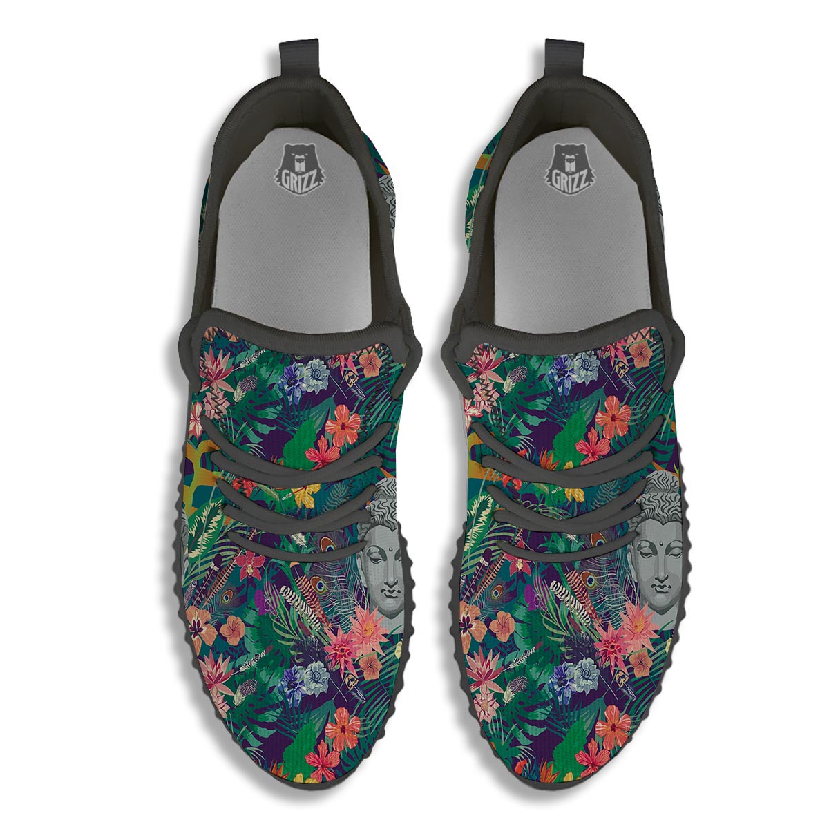 Buddha Tropical Print Pattern Black Walking Shoes-grizzshop