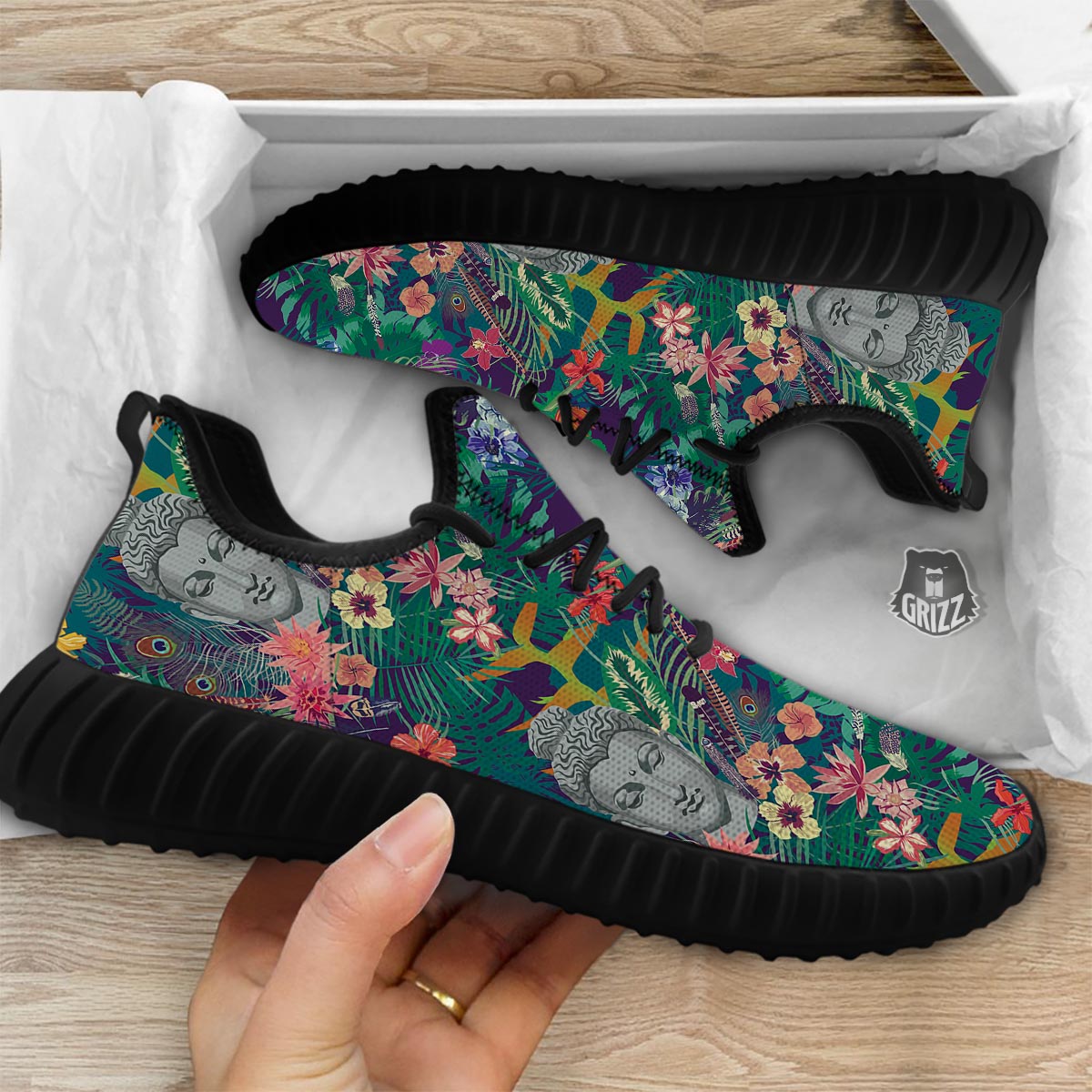 Buddha Tropical Print Pattern Black Walking Shoes-grizzshop
