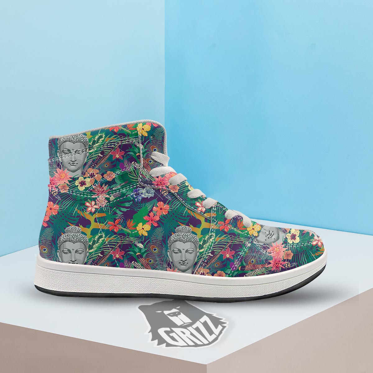 Buddha Tropical Print Pattern High Top Sneakers-grizzshop