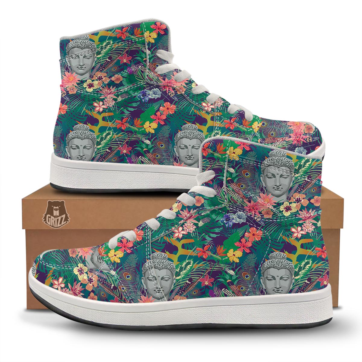 Buddha Tropical Print Pattern High Top Sneakers-grizzshop