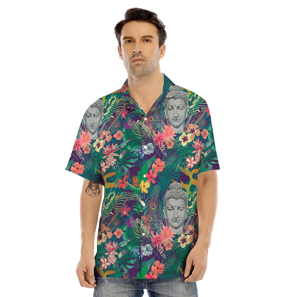 Buddha Tropical Print Pattern Men's Hawaiian Shirt-grizzshop
