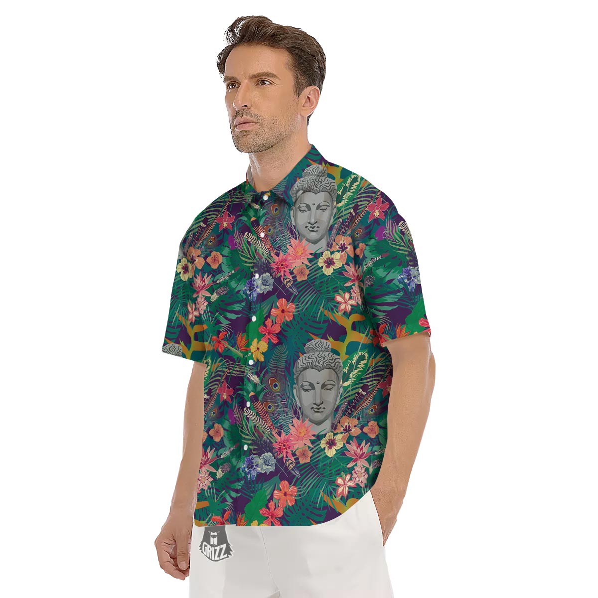 Buddha Tropical Print Pattern Men's Short Sleeve Shirts-grizzshop