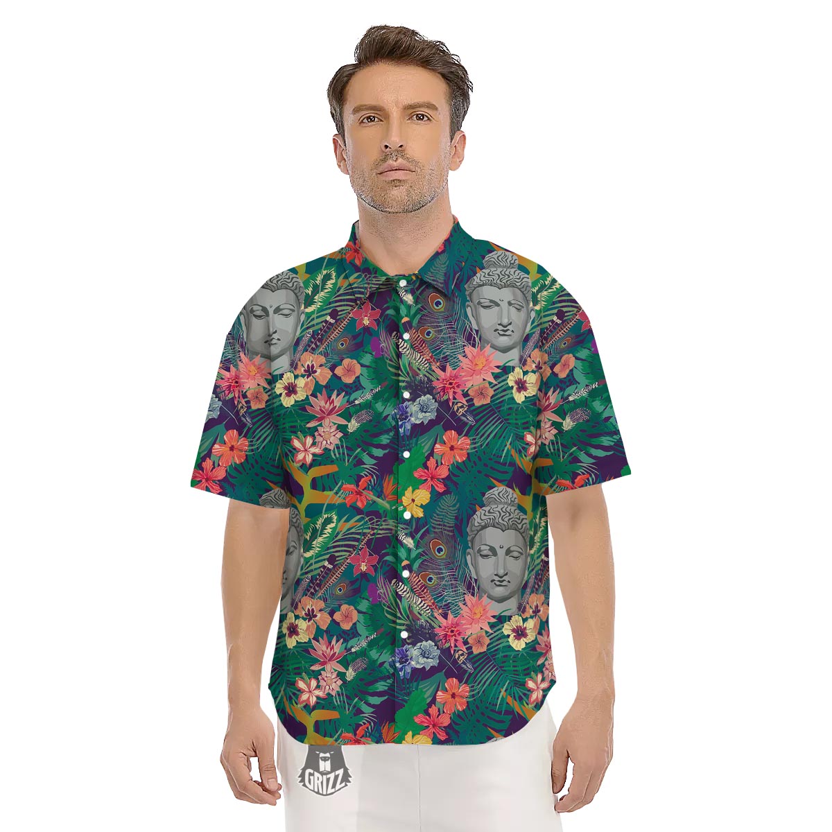 Buddha Tropical Print Pattern Men's Short Sleeve Shirts-grizzshop