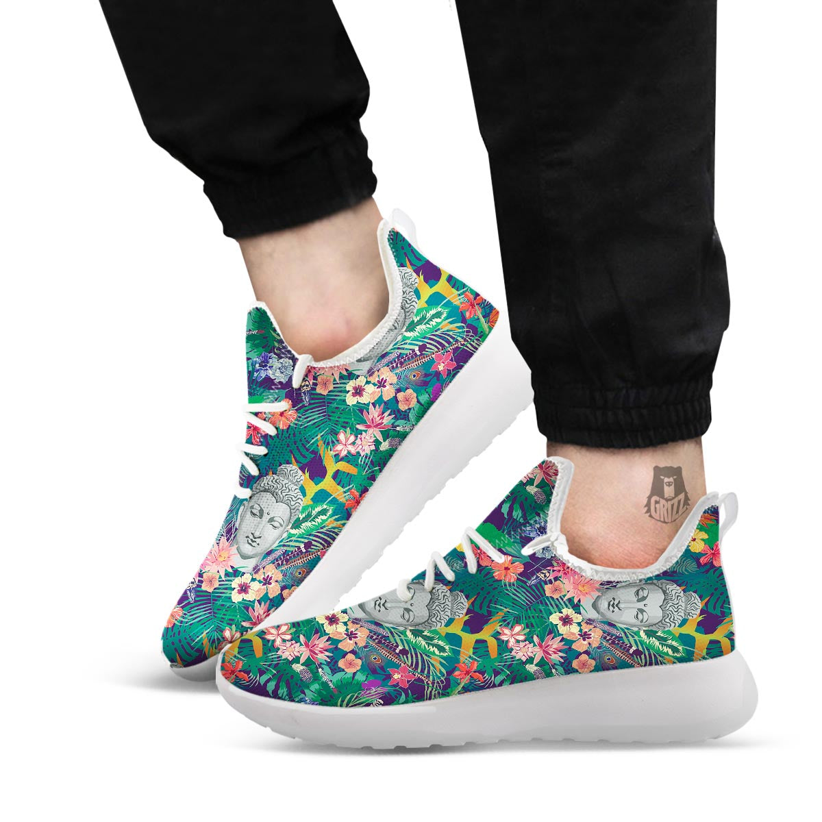 Buddha Tropical Print Pattern White Athletic Shoes-grizzshop