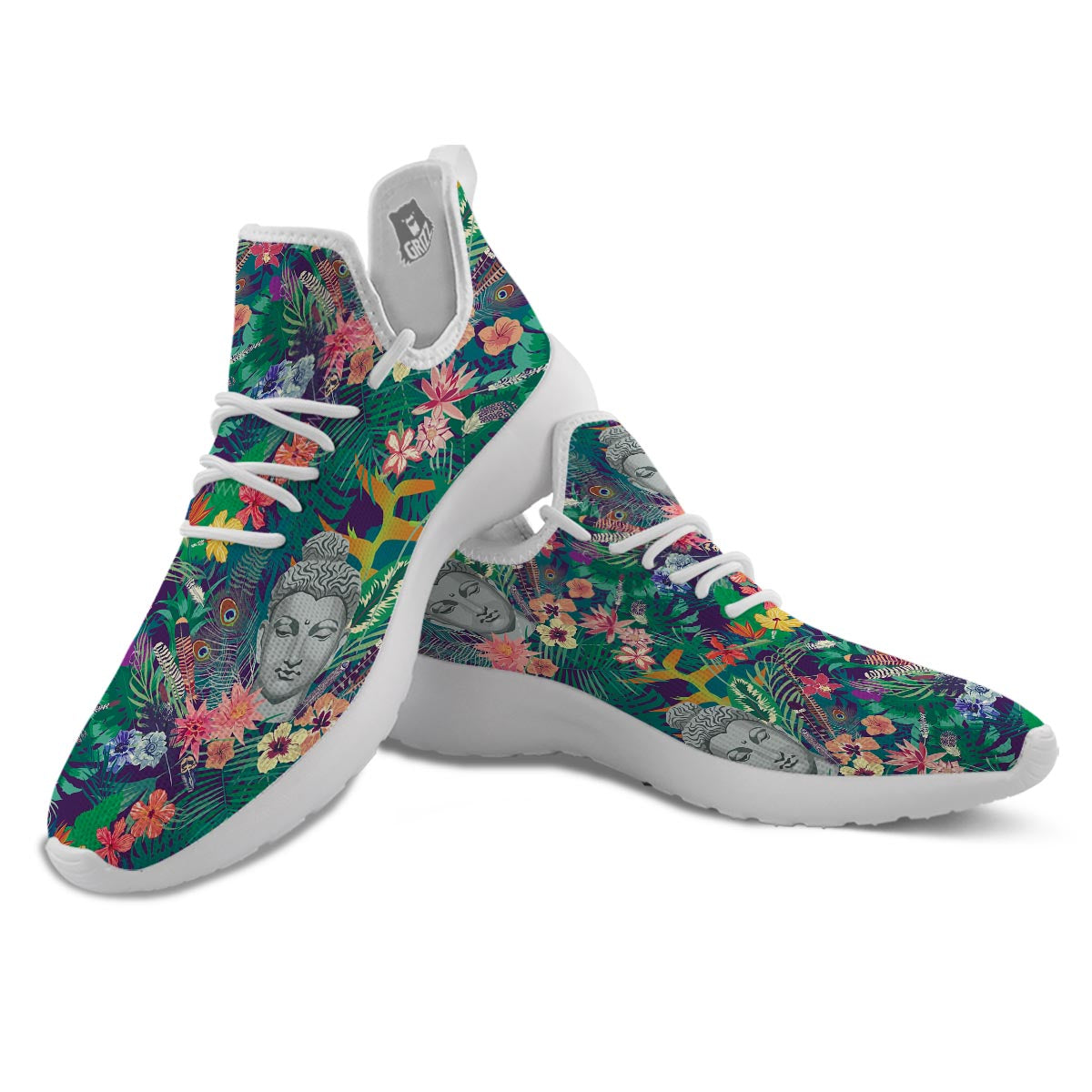 Buddha Tropical Print Pattern White Athletic Shoes-grizzshop