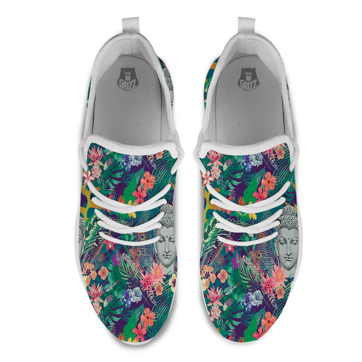 Buddha Tropical Print Pattern White Athletic Shoes-grizzshop