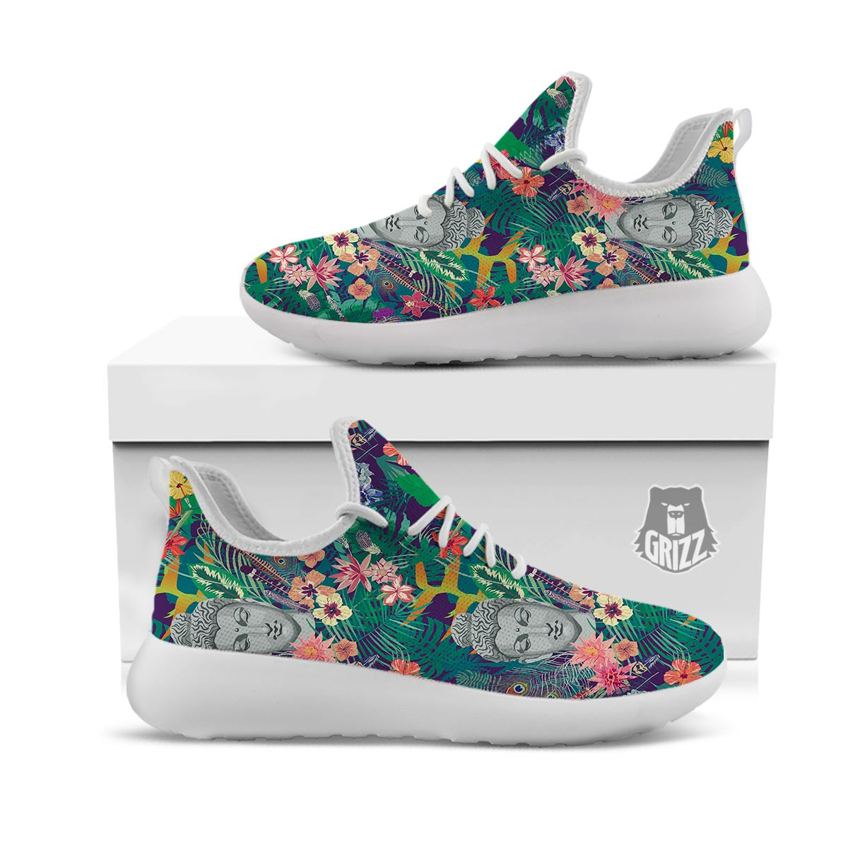 Buddha Tropical Print Pattern White Athletic Shoes-grizzshop