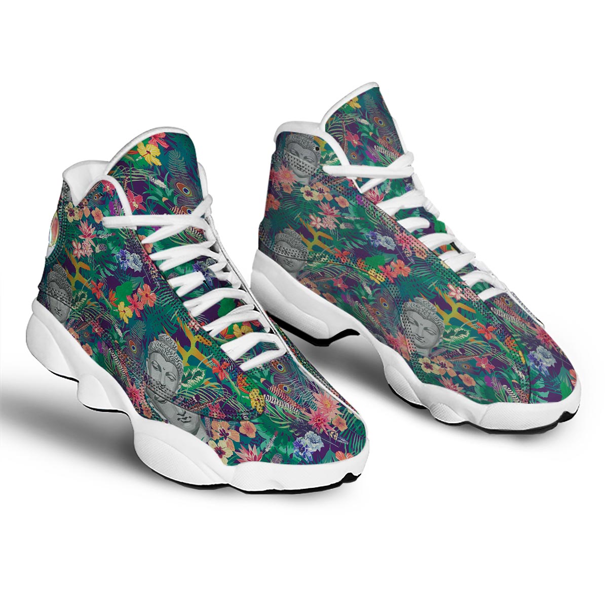 Buddha Tropical Print Pattern White Basketball Shoes-grizzshop