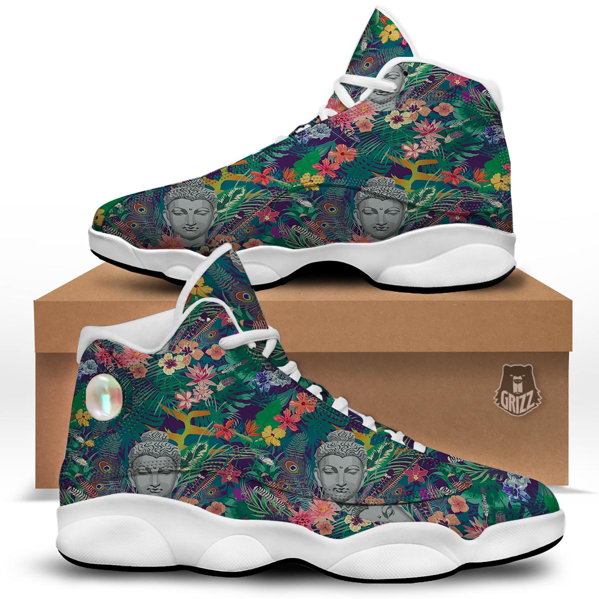 Buddha Tropical Print Pattern White Basketball Shoes-grizzshop