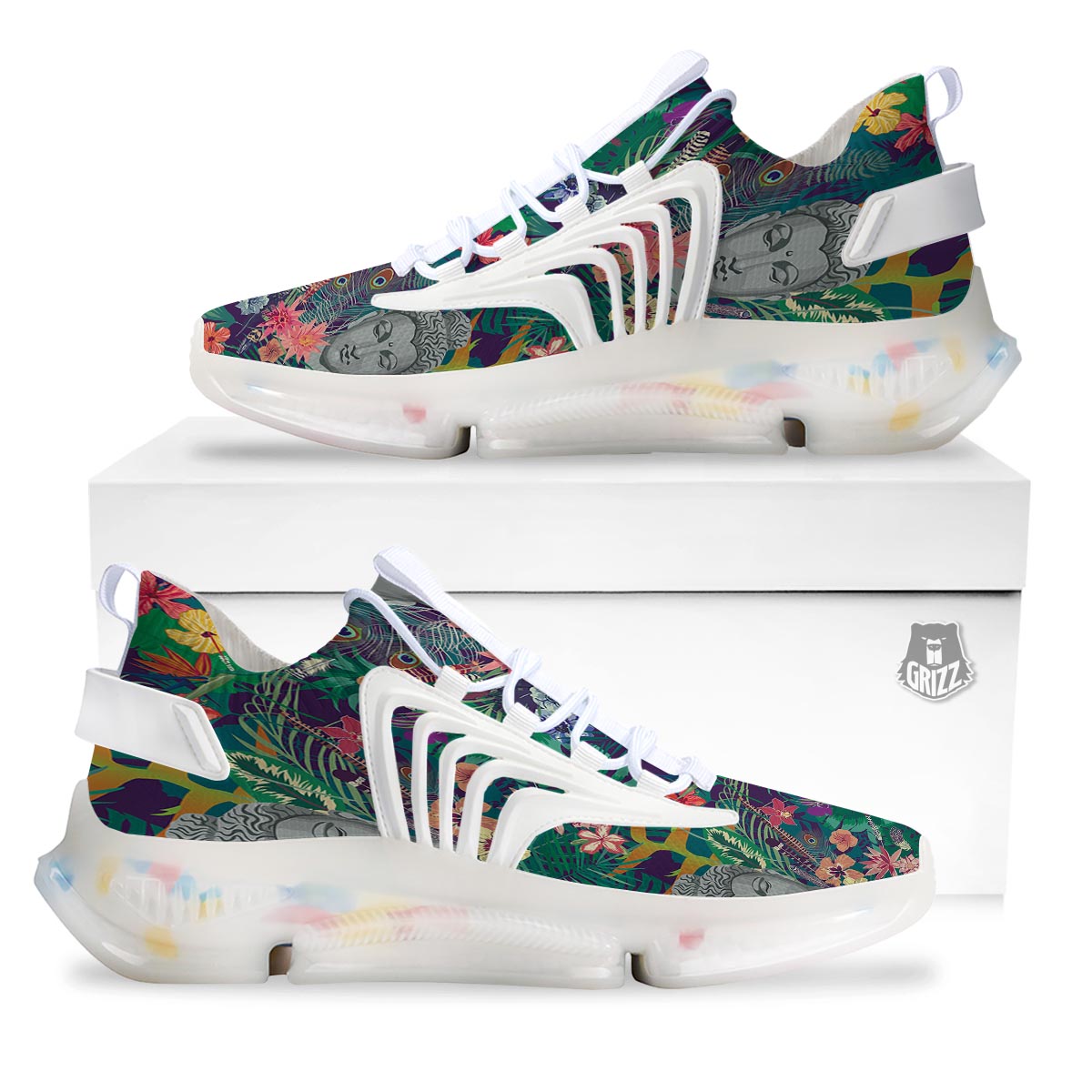 Buddha Tropical Print Pattern White Gym Shoes-grizzshop