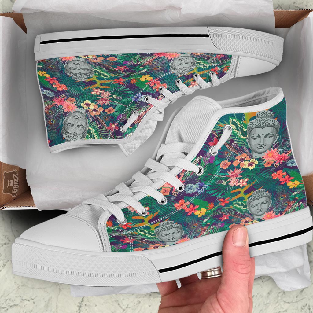 Buddha Tropical Print Pattern White High Top Shoes-grizzshop